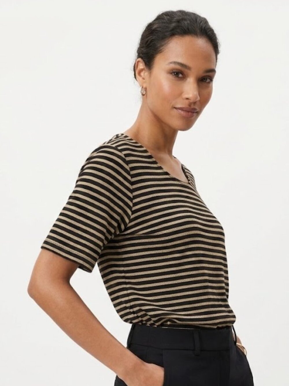 Chico’s Women’s Travelers Lurex U‑Neck Top Metallic Gold Black Stripe Size XS